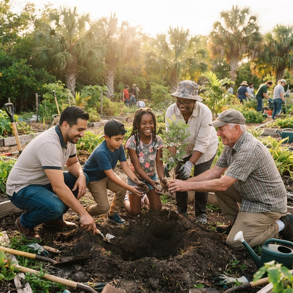 Neighbors planting a tree together in a community garden